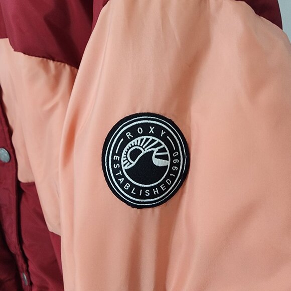 Roxy Womens Color-Block Puffer Jacket XL Red & Pink Hooded Winter Coat - Picture 6 of 16